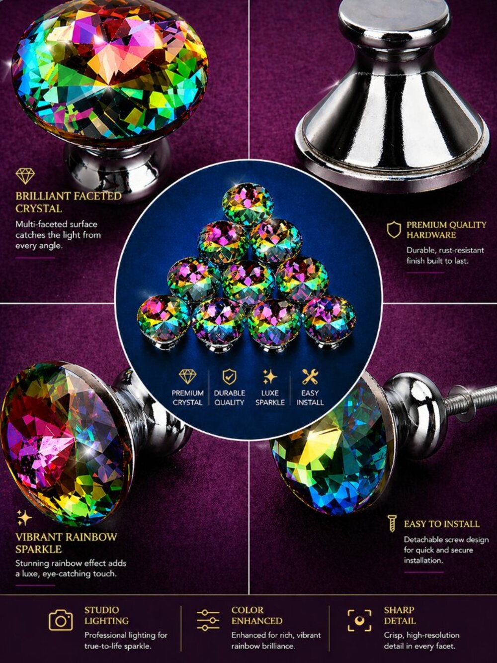 Crystal Knobs Wall Hooks - Set of 10 Crystal Vanity Drawers - Cabinets - Doors - Picture 9 of 11